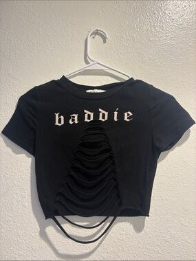 Black Distressed 'Baddie' Graphic Crop Top